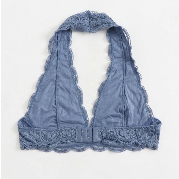 DUSTY BLUE PLUNGING FLORAL LACE HALTER BRALETTE - Picture 2 of 7